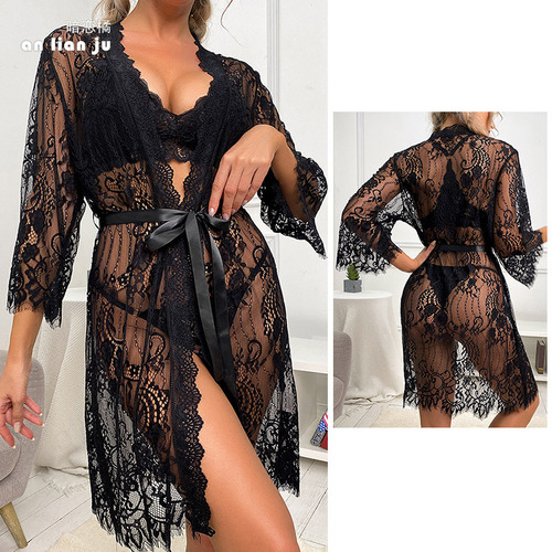 Lingerie Mesh Robe with Lace Edge Seductive Sheer Nightgown for Women to Wear Outside Home Clothing 308