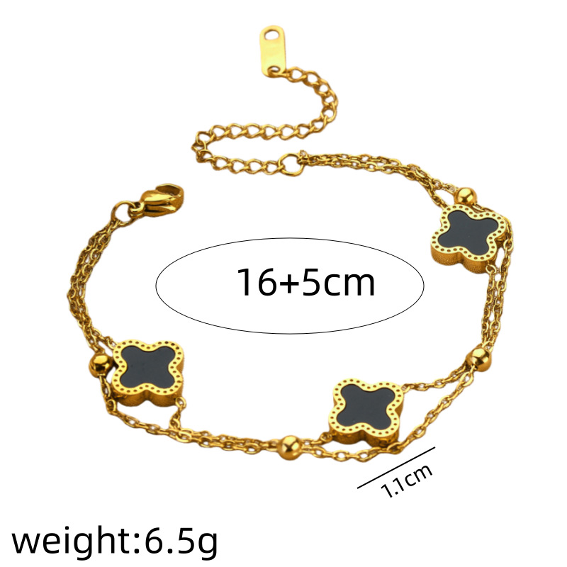 Ventas transfronterizas calientes de acero de titanio negro y blanco pulsera de cuatro hojas de doble capa de cadena de bola de acero oro rosa nicho de alta calidad joyas de pulsera