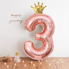 32寸香檳色數字帶皇冠氣球鋁膜兒童生日派對裝飾寶寶拍照場景布置