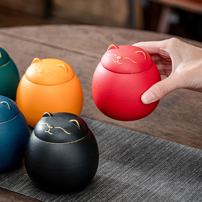 Ceramic Lucky Cat Tea Can Household Small Cute Cat Mini Moisture-Proof Sealed Storage Tea Can Manufacturer Wholesale Printed LOGO