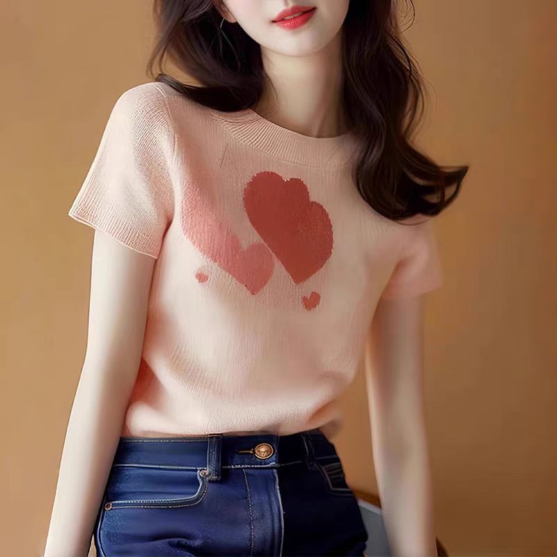 Áo thun dệt kim lụa tay ngắn họa tiết trái tim nữ tính — Màu hồng chi tiết 2