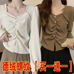 單/兩件裝德絨螺紋大碼女裝方領褶皺短款女秋胖顯瘦長袖上衣女