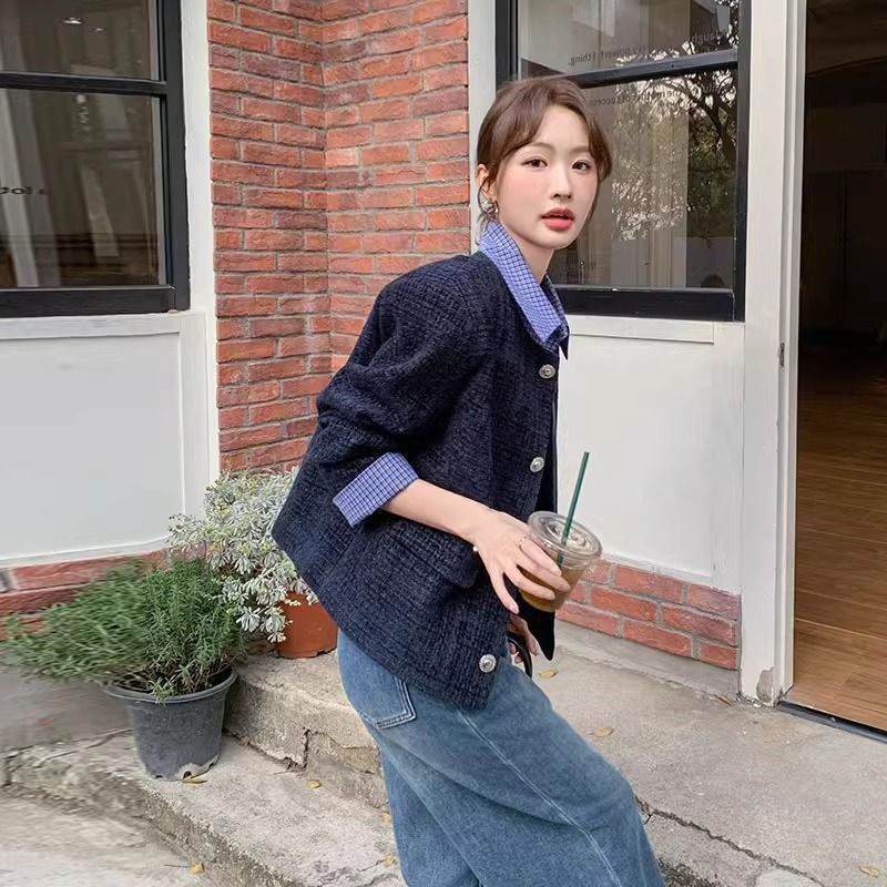 藏青色高级感格纹拼接小香风外套女2025早春新款时髦洋气设计上衣|undefined