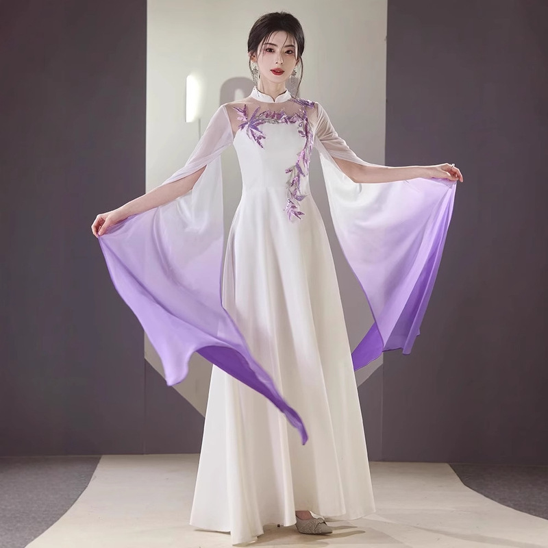 中国风古筝演出服女长裙紫色渐变成人大合唱琵琶民乐演奏艺考礼服|undefined