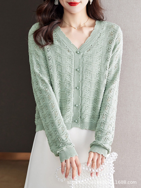 女性用長袖日焼け止め服、夏の新しい薄いアイスシルクセーターカーディガン、中空ショールジャケット付き|undefined