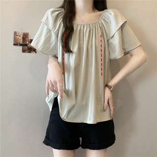 Nursing Clothes for Hot Moms When Going Out, Fashionable Square Collar Shirts, Loose Belly-Covering Postpartum Nursing Tops, Short