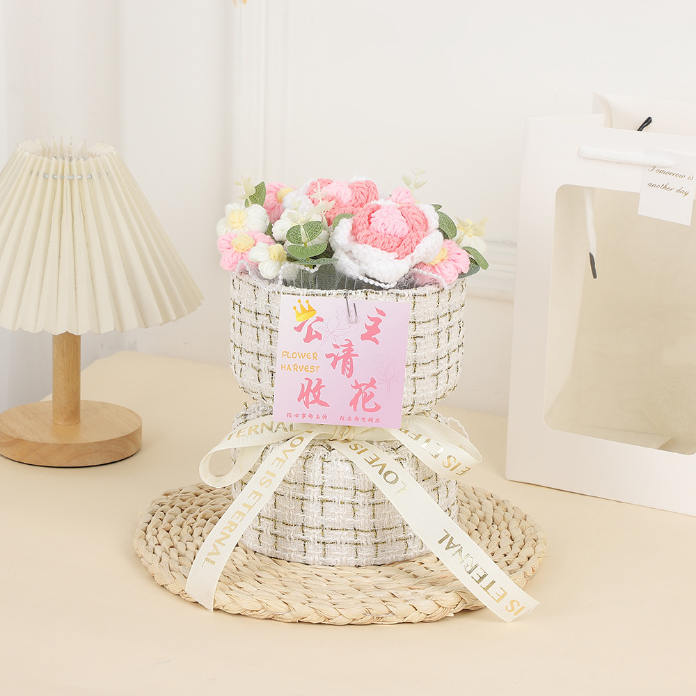 Día de la Madre Clavel de incienso pequeño tejido de flores de punto ramo de lana para esposa, novia, madre, regalo de cumpleaños