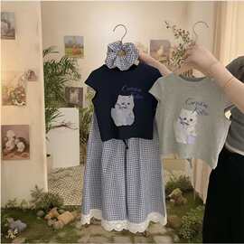 女童衣服夏季套装2026中大短袖格子拼接阔腿裤两件套儿童居家