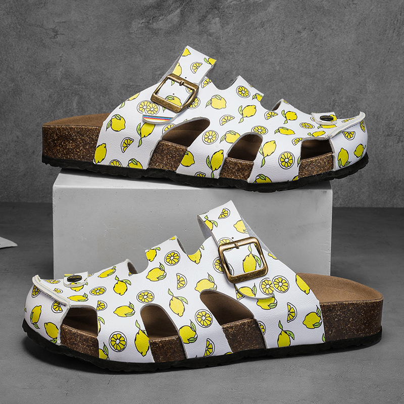 Men's Summer New Outdoor Thick-Soled Slide Sandals, Comfortable Birkenstock Cork Closed-Toe Large Size Trendy Slippers