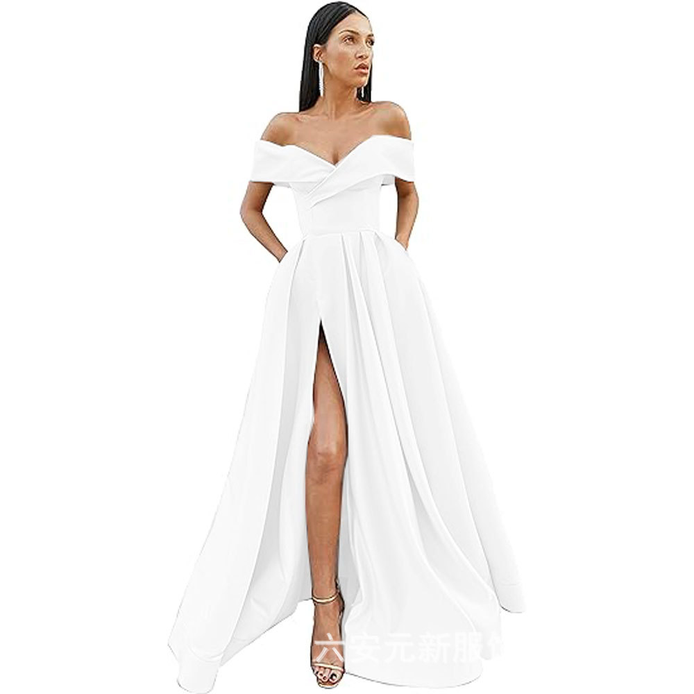 Amazon Comercio exterior fuera del hombro prom vestido de noche largo split sexy Fiesta de las mujeres vestido de banquete