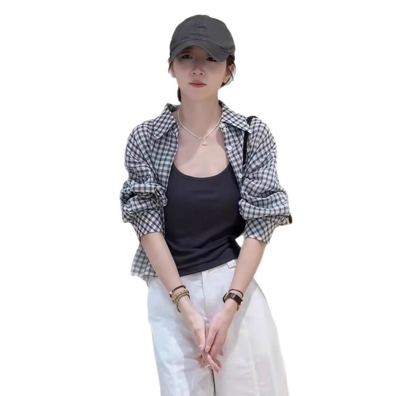 韩系休闲时尚短款衬衫背心两件套女2025夏季新款格子长袖薄款套装|undefined