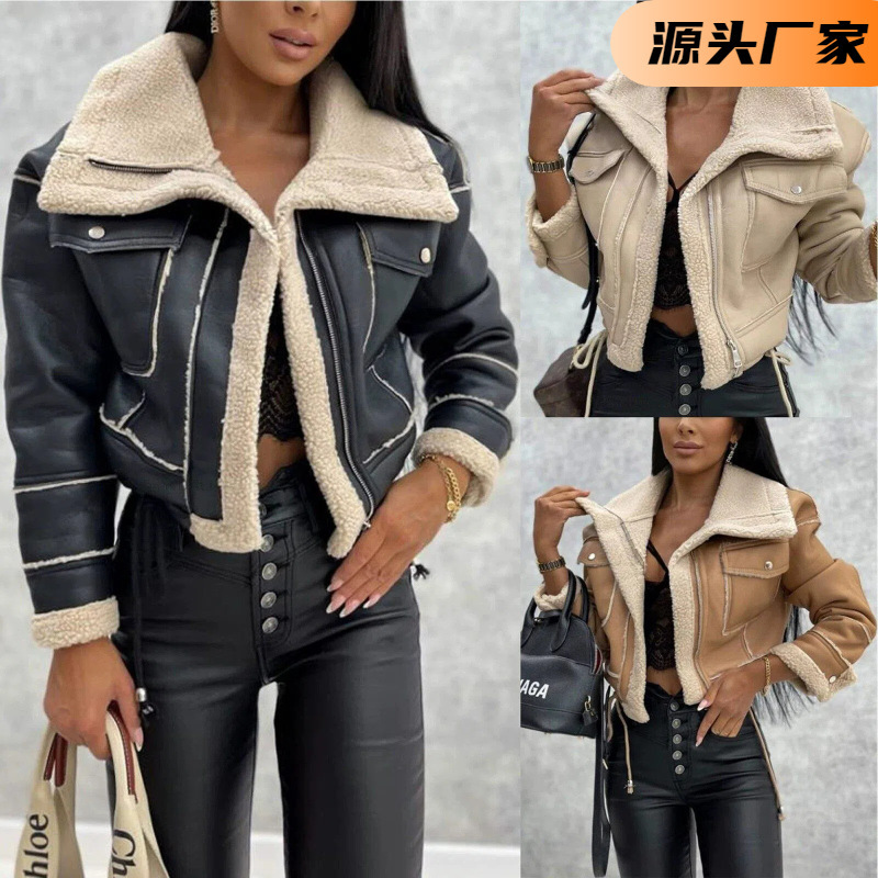 Cross-border foreign trade autumn and winter coat new lamb wool short coat zipper machine car style jacket top women