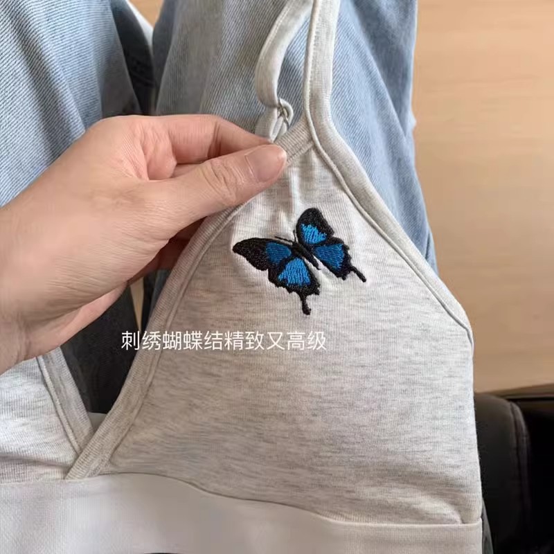 El nuevo sujetador francés de Copa triangular de lencería se reúne en un estilo deportivo simple, estampado de mariposa transpirable y sujetador delgado.