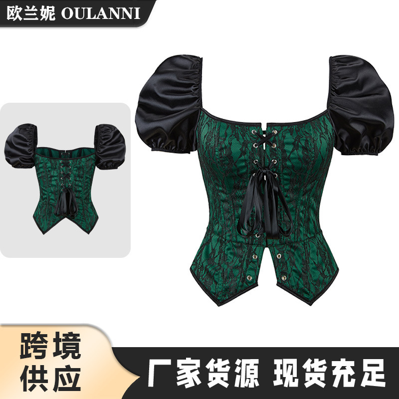 Cross-Border New Palace Style Corset Satin Lace Fabric Puff Sleeve Tube Top Sexy Body Shaping Top for Outer Wear