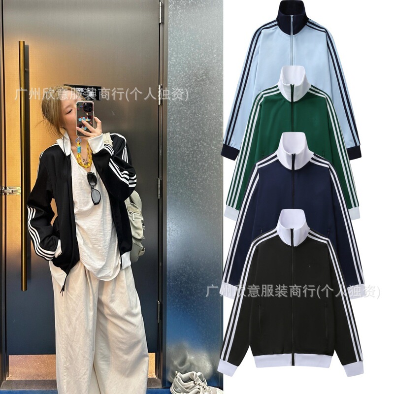 A Brand's Original High-Quality Version~ Three-Stripe Celebrity Style Letter Embroidery Loose Fit Versatile Half-High Collar Unisex Style A Brand's Original High-Quality Version~ Three-Stripe Celebrity Style Letter Embroidery Loose Fit Versatile Half-High Collar Unisex Style