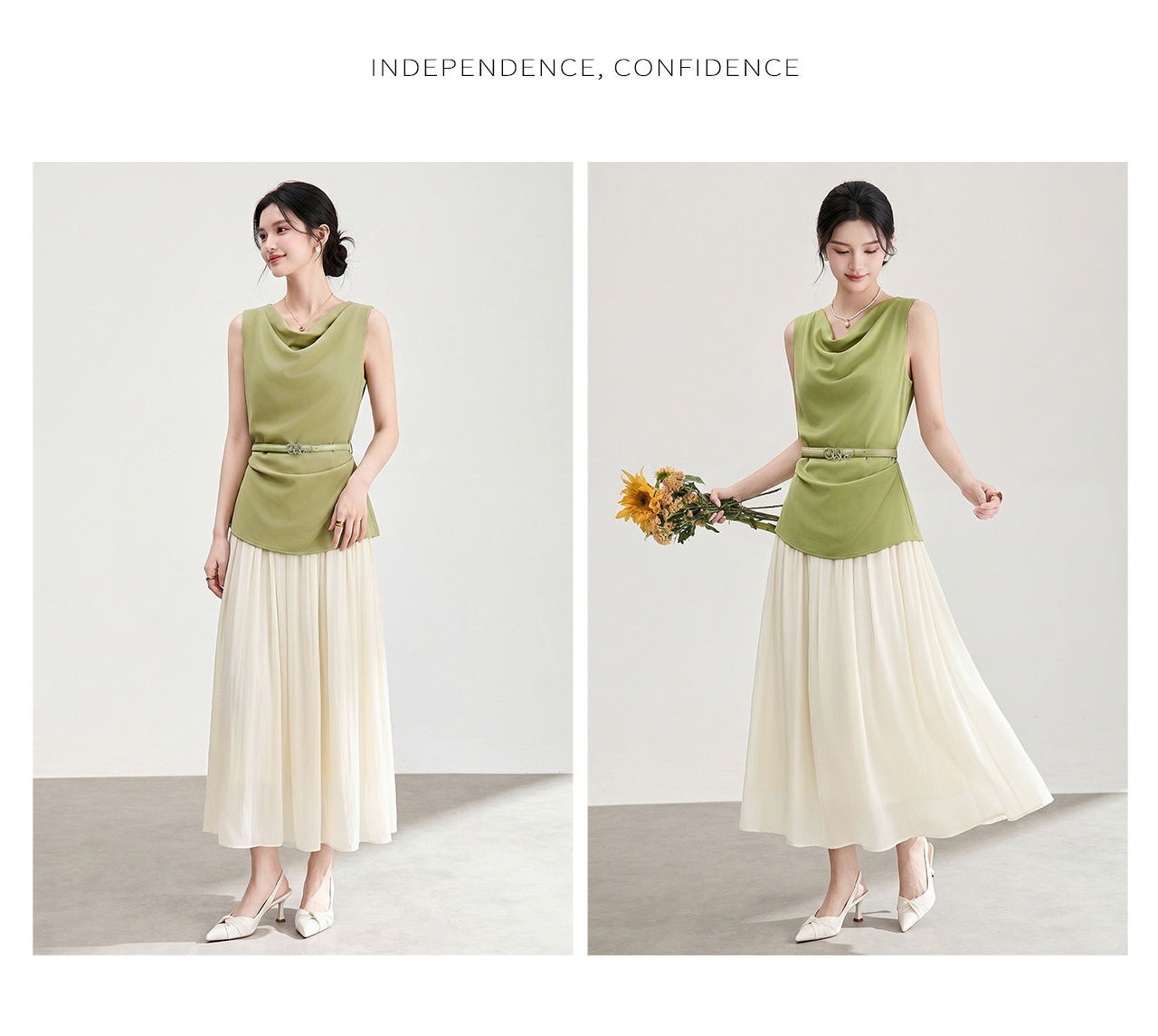 Đầm maxi nữ thắt eo cổ lắc giả hai lớp tay không mùa hè — màu đen chi tiết 13