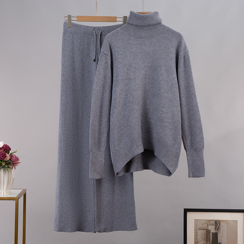Cross-border turtleneck suit European and American 2022 autumn and winter women's turtleneck sweater + elastic waist wide-leg pants knitted suit_voghion.com