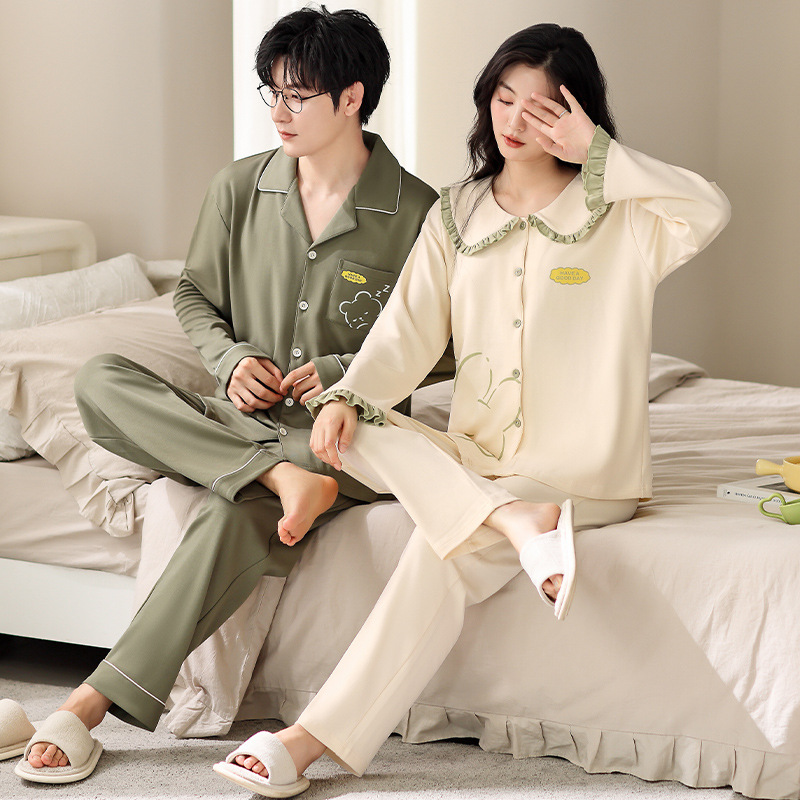 Pure Cotton Couple Pajamas for Female Students Autumn and Winter Long-Sleeved Men's Cartoon Cute Cardigan Home Clothes Suit Spring and Autumn