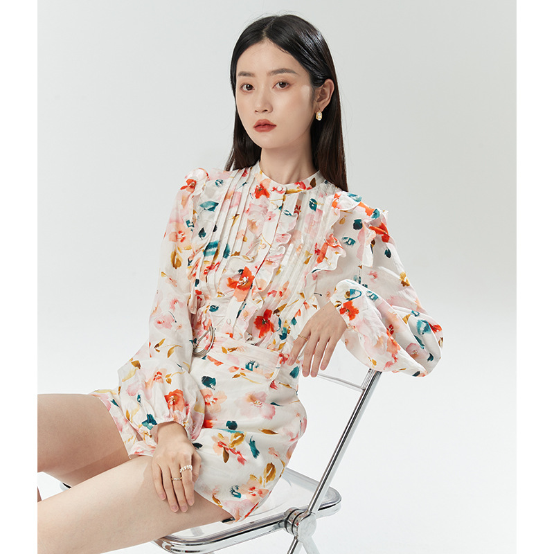 Round neck printed new women's long-sleeved shirt summer elegant commuter niche design sun protection shirt top