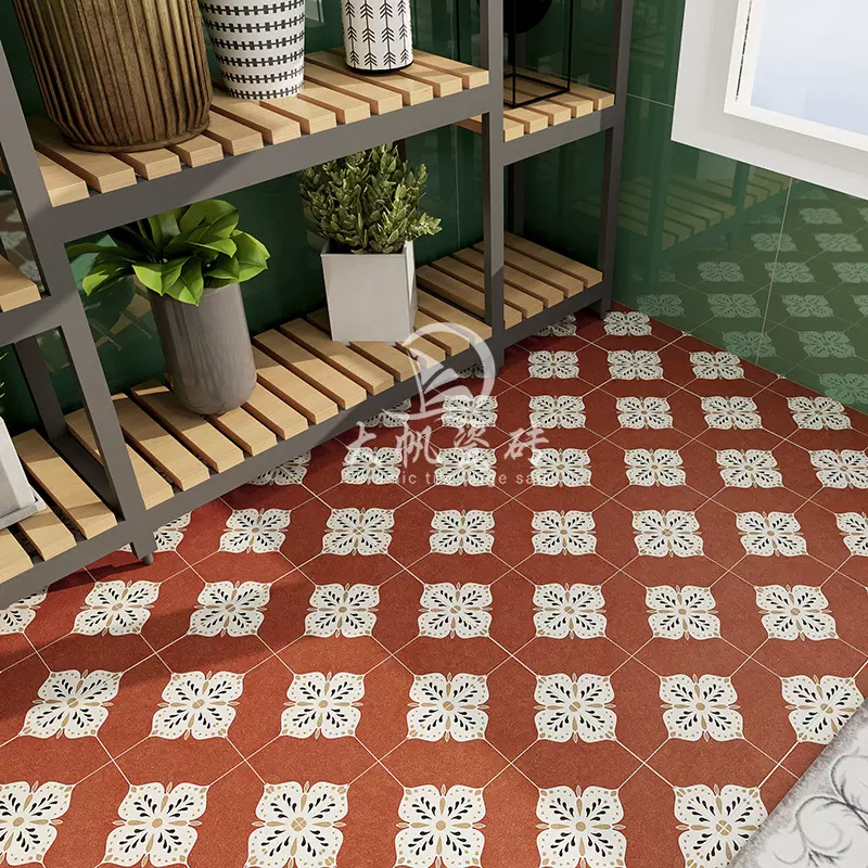 枣红色复古花砖300x300中古侘寂风民宿餐厅全瓷防滑地砖阳台瓷砖