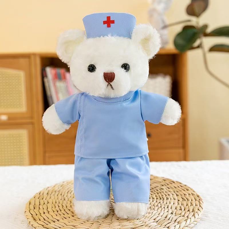 Médico traje de enfermera oso de peluche muñeca de peluche uniforme de enfermera osito puede imprimir logotipo regalo de evento de oso