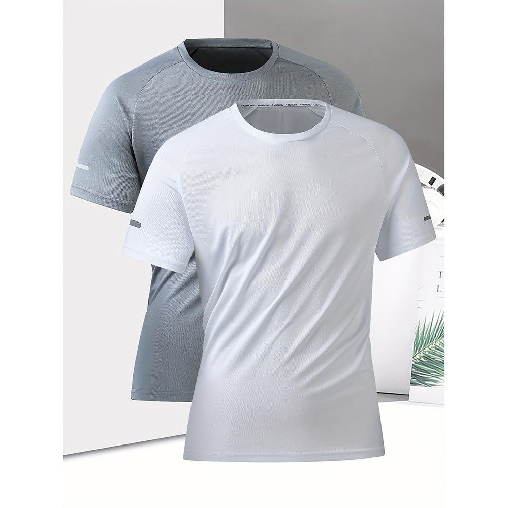 Conjunto de 2 camisetas unissex masculinas de secagem rápida - Camisetas de verão respiráveis, folgadas e com gola redonda para uso casual e ao ar livre._voghion.com