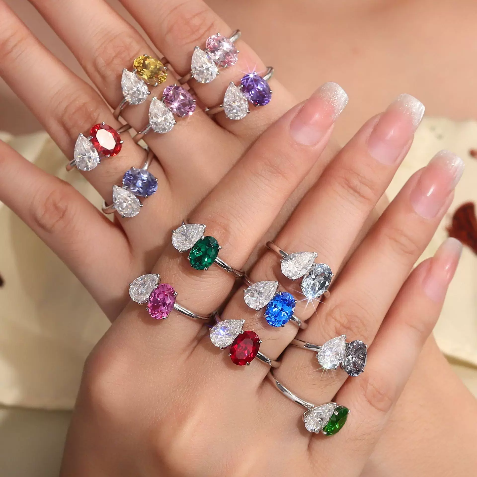 外贸跨境S925纯银戒指女高级感宝石蛋形高碳钻闭口戒指饰品批发