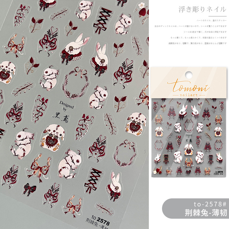 Papel adhesivo de uñas en línea popular conejo oscuro conejo violento estilo gótico chica caliente desgaste pegatina de uñas alivio tridimensional