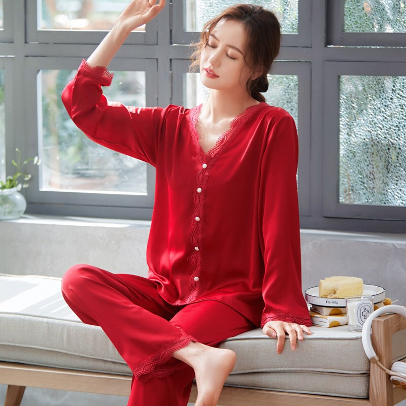 パジャマ女性春秋タイプシルク長袖家庭服薄いタイプのレースがゆったりしています。|undefined