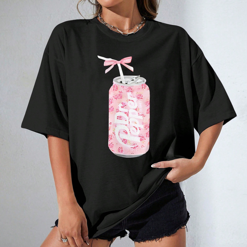 Cross-Border Hot-Selling Sweet-Cool Style Dr Pepper Can-Printed T-Shirt, Women's Loose Casual Versatile Short-Sleeve Top