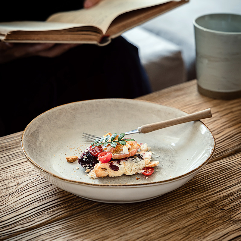 Hacer viejos tazones de cerámica poco profundos estilo japonés retró abierto tazón redondo casero tazón de pasta tazón de postre tazón de ensalada