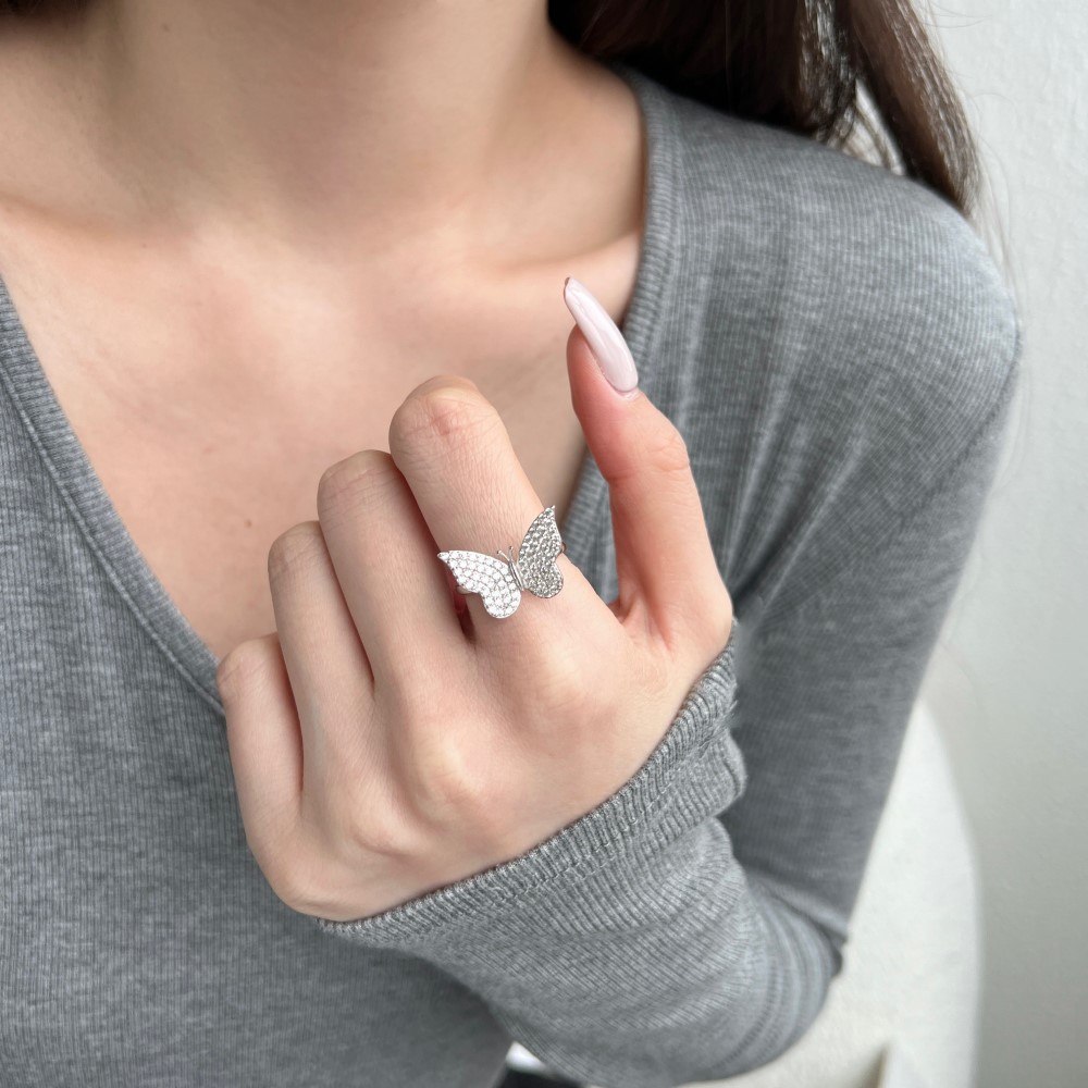5g Weight Zircon Inlay Material Open Rings, Rings Classification 6, 9, Adjustable Ring Size 1 Piece Quantity Daily, Tea Party Occasion 925 Sterling Silver Material Butterfly Pattern Women's Gender Inlay Design Sweet, Shiny Style 925 Sterling Silver Zircon Butterfly Open Rings Rings 14