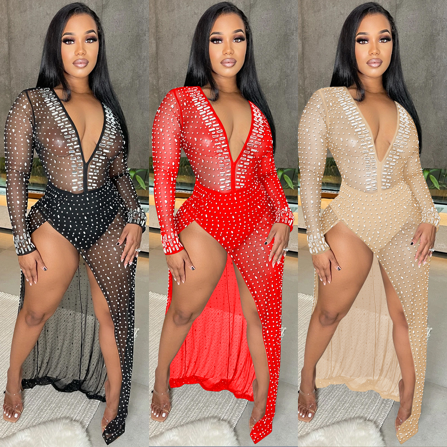 AliExpress Amazon europeo y americano de la moda las mujeres ropa discoclub caliente perforación profunda V manga larga split vestido mujeres image 1