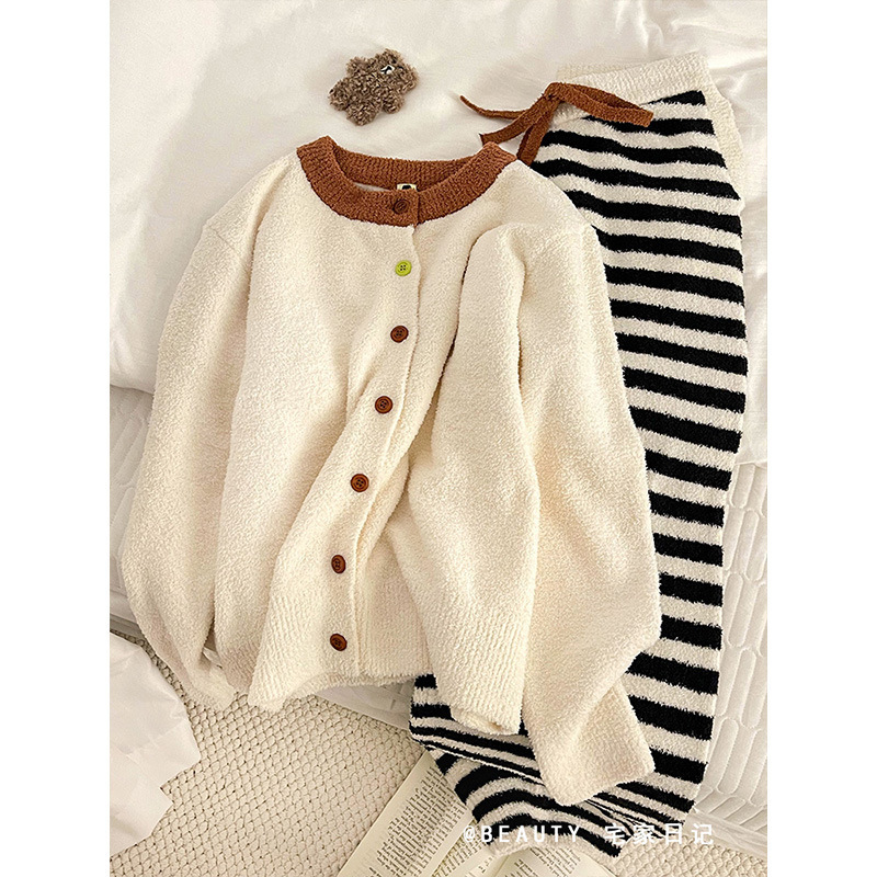 韩版风高级感针织开衫半边绒睡衣女冬季加厚加绒保暖家居服可出门|undefined