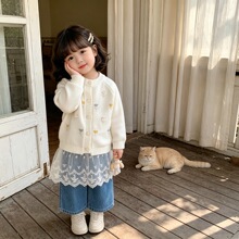 韩系儿童花边圆领针织开衫宝宝春秋外搭女童彩色小花毛衣外套现货