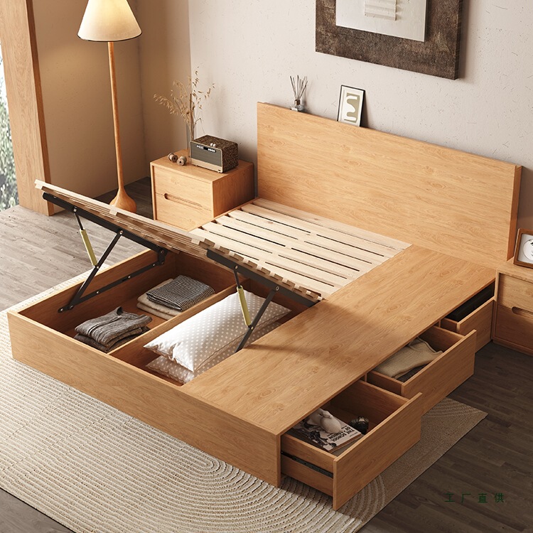 Japanese-Style Solid Wood Double Bed, Simple Modern Log-Style Oak Floor Bed, Nordic Bedroom High Box Storage Bed