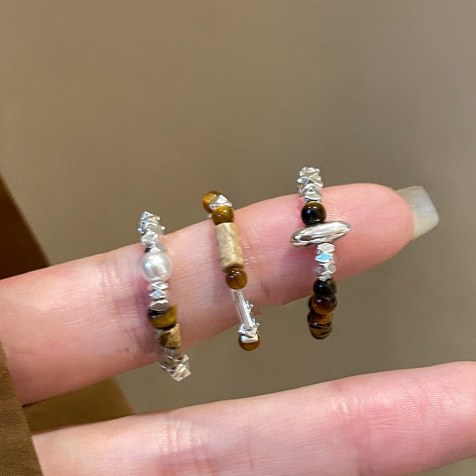 Tiger Eye Fragment Silver Stone Beaded Ethnic Style Elegant Index Finger Niche Design Sense Ring_voghion.com