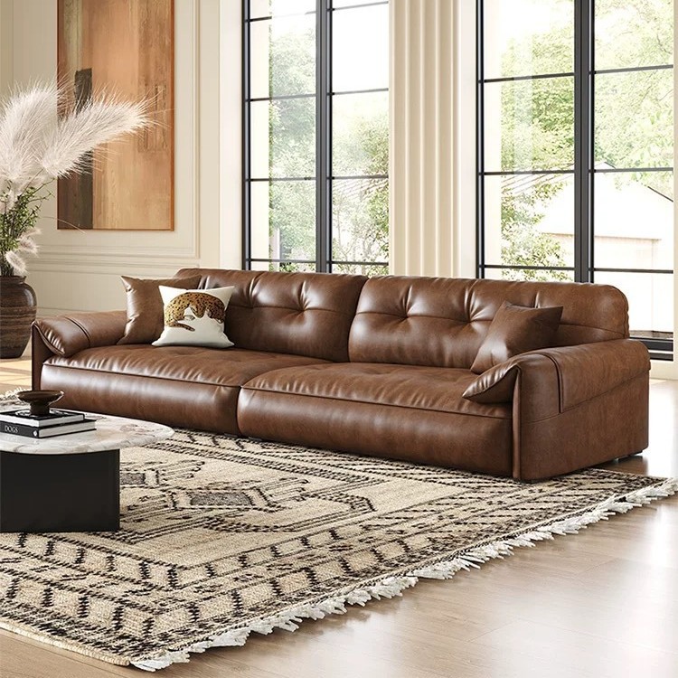 Genuine Leather Sofa, Light Luxury Retro Style Oil Wax First Layer Cowhide Sofa, Living Room Italian Minimalist Large Straight Row Cowhide Sofa