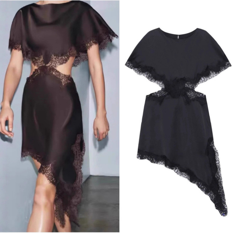 New European and American Style Women's Clothing, Sexy Round Neck Layered Lace Decoration, Open Design Irregular Dress New European and American Style Women's Clothing, Sexy Round Neck Layered Lace Decoration, Open Design Irregular Dress