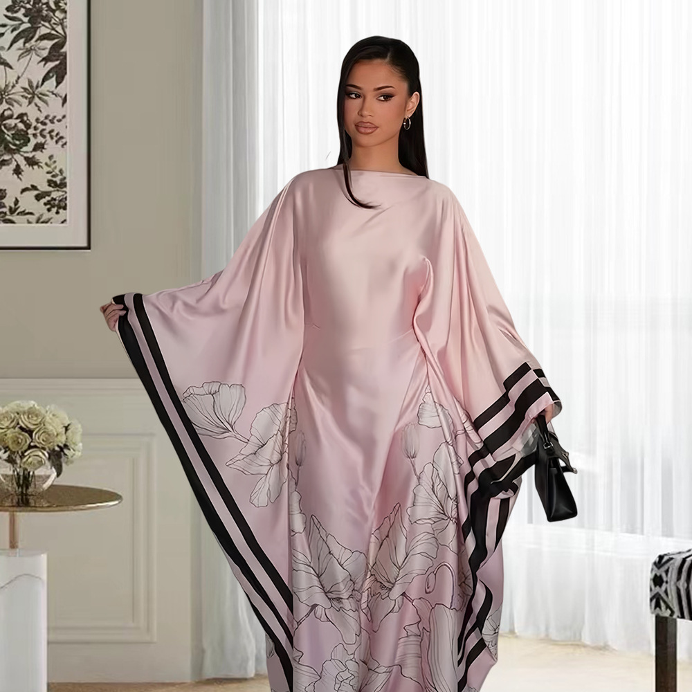 Women's Off-the-Shoulder Satin Dress European American Style Batwing Sleeve Long Gown With Striped Trim Floral Print_ecoleips.com