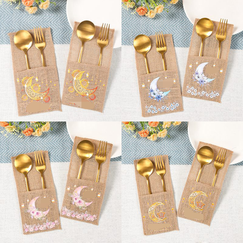 Cross-Border Moon Festival Tableware Set Middle Eastern Festival Linen Moon Lantern Flower Knife and Fork Bag Party Supplies Tableware Bag
