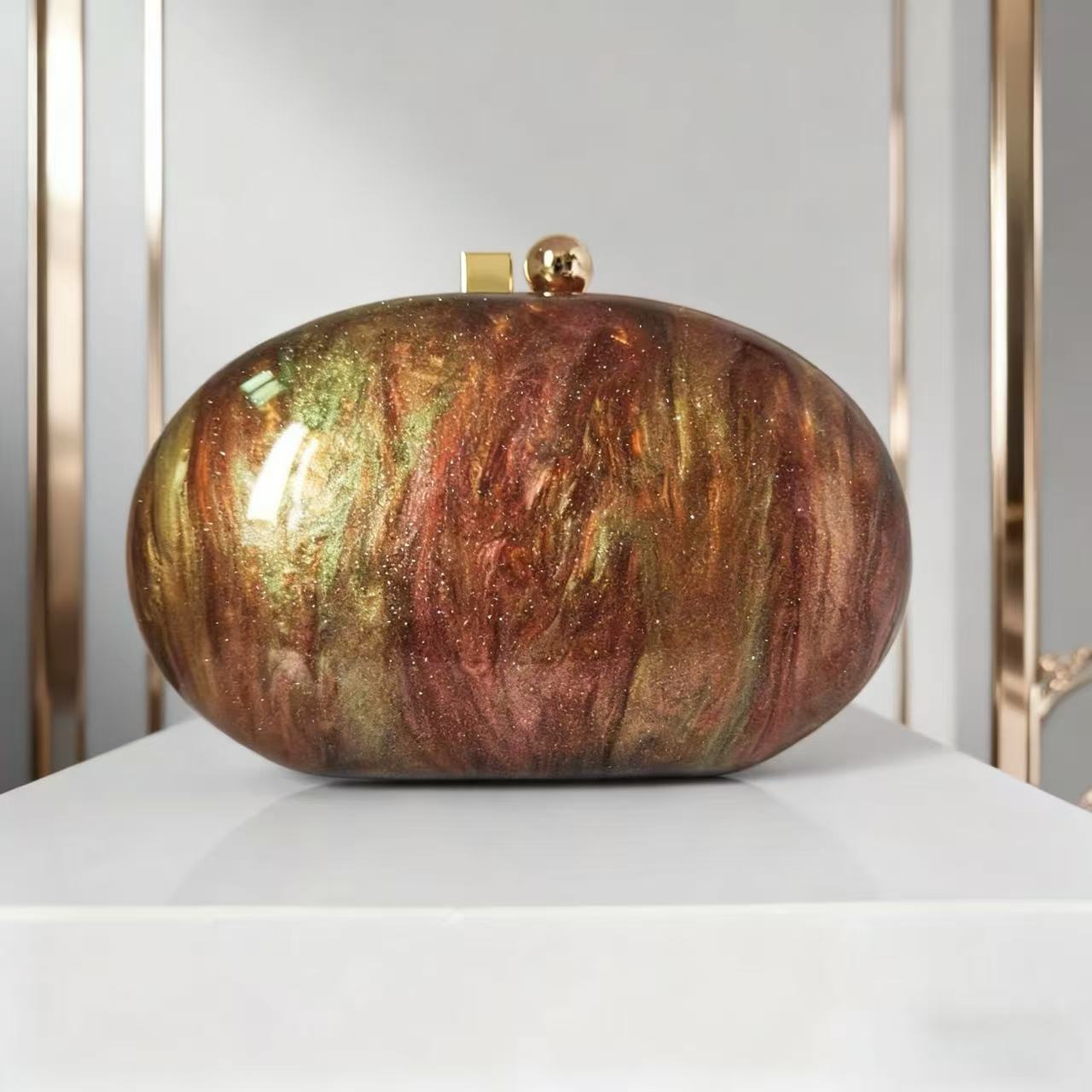 Bolsa de cena de lujo ligera transfronteriza, café de perla de almendro, bolsa de mano acrílica ovalada, bolsa de noche de hombro para damas