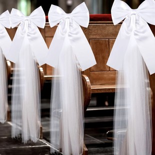 Large White Wedding Pew Bow Satin Bow with Fabric Tulle Church Chair Aisle Decoration Wedding