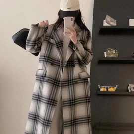 2023秋冬新款长毛高级感韩系格子双面羊绒大衣女加长款羊毛呢外套