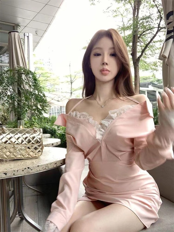 蕾丝拼接一字肩长袖衬衫连衣裙女秋季修身收腰短裙纯欲风包臀裙子|undefined