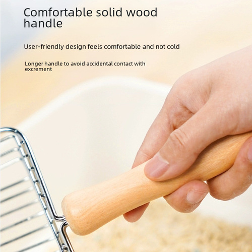 Wooden handle cat litter shovel stainless steel large cat litter shovel cleaning tool household metal cat litter shovel factory direct sale