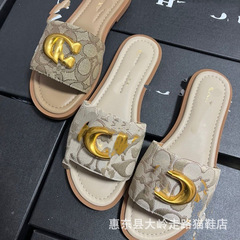 2025外贸C款法式风外穿金属扣女鞋潮流帆布面经典老花凉拖沙滩鞋