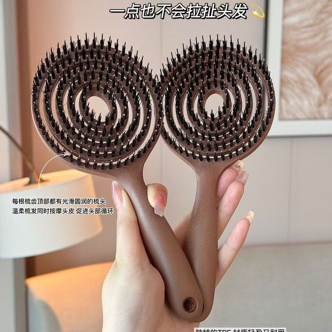 Peine de pelo de cerda hueca de color café coreano para mujer, cabello largo, cabello suave, peluquería esponjosa, peine de masaje de cabeza húmedo y seco