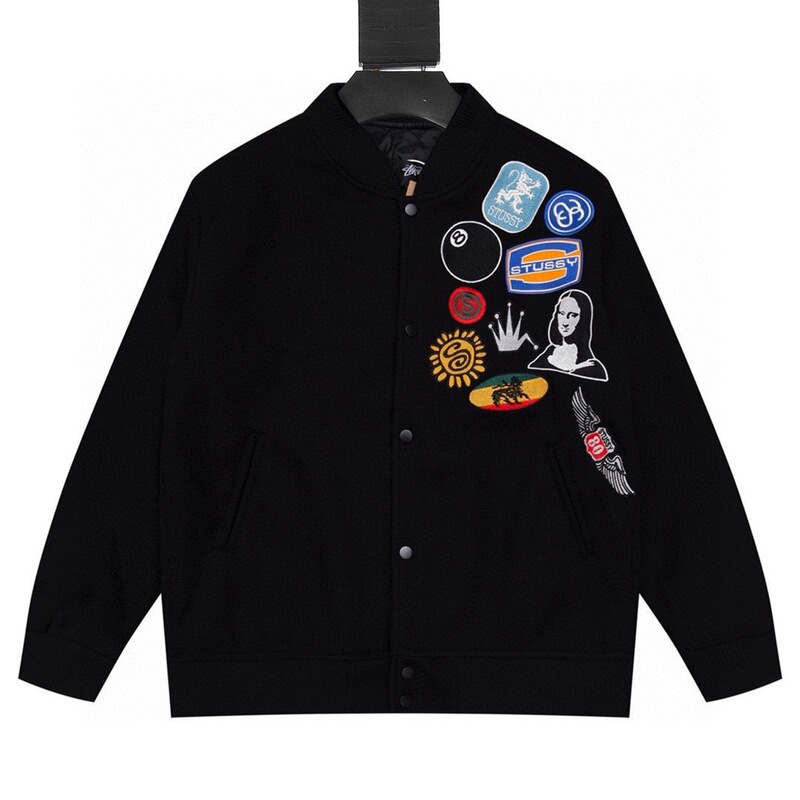 Cross-Border Stussy Baseball Jacket American Style High Street Fashion Badge Embroidery Jacket Unisex Loose Fit Stussy Baseball Jacket Cross-Border Stussy Baseball Jacket American Style High Street Fashion Badge Embroidery Jacket Unisex Loose Fit Stussy Baseball Jacket