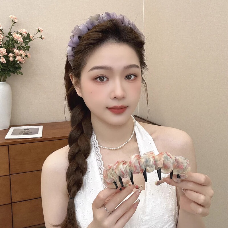 超仙褶皱网纱波浪发箍女2025新款夏季带齿防滑高颅顶炫彩渐变发饰|undefined